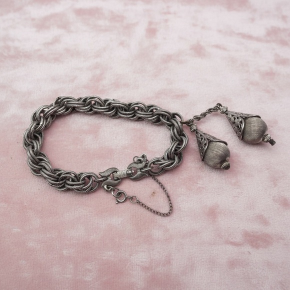 Vintage Monet Bolero Bracelet, Silver Tone Charm Bracelet, Dangling Textured Bal - Picture 1 of 12